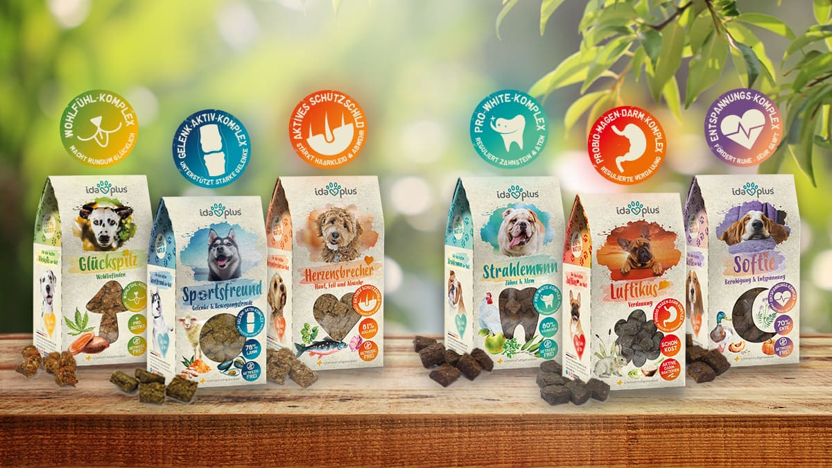 Vitalfood Vorstellung Alle sechs Sorten des Vitalfoods, wurden nebeneinander aufgestellt. Darüber sind die jeweiligen Vorteile der einzelnen Sorten kurz erklärt.
