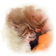 Nase an Nase Eine Katze und eine Frau berühren sich sanft mit ihren Nasen.