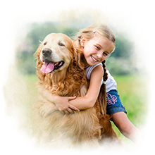 Mädchen umarmt Hund Ein kleines Mädchen umarmt einen Hund von hinten.