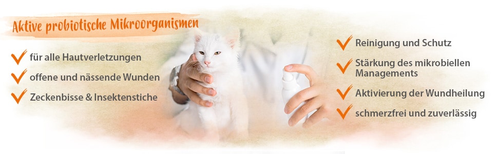 Wundspray Eigenschaften Eine Katze bekommt von einem Arzt das Wundspray aufgetragen. Daneben stehen dessen Eigenschaften: 'für allw hautverletzungen' 'offene und nässende Wunden' 'Zeckenbisse & Insektenstiche' 'Reinigung und Schutz' 'Stärkung des mikrobiellen Managements' 'Aktiv
