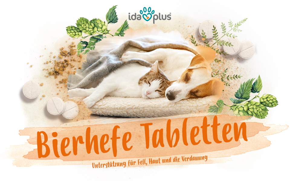 Bierhefe Tabletten A+ Header Ein Hund und eine Katze kuscheln auf In einem Körbchen. Darunter steht: 'Bierhefe Tabletten' 'Unterstützung Für Fell, Haut und die Verdauung'