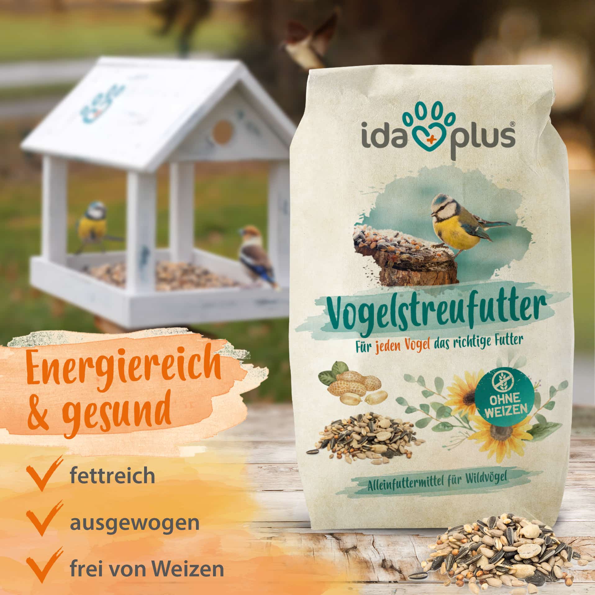 Ida Plus Vogelstreufutter - Eigenschaften Unser Vogelstreufutter ist durh die ausgewogenen Komponenten und den hohen Fettgehalt besonders energiereich und gesund.