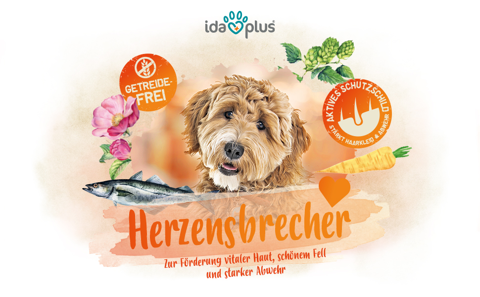 Ida Plus Herzensbrecher Ein Hund schaut mit Schrägen Kopf in die Kamera. Darunter steht: 'Herzensbrecher' 'Zur Förderung vitaler Haut, schönem Fell und starker Abwehr'