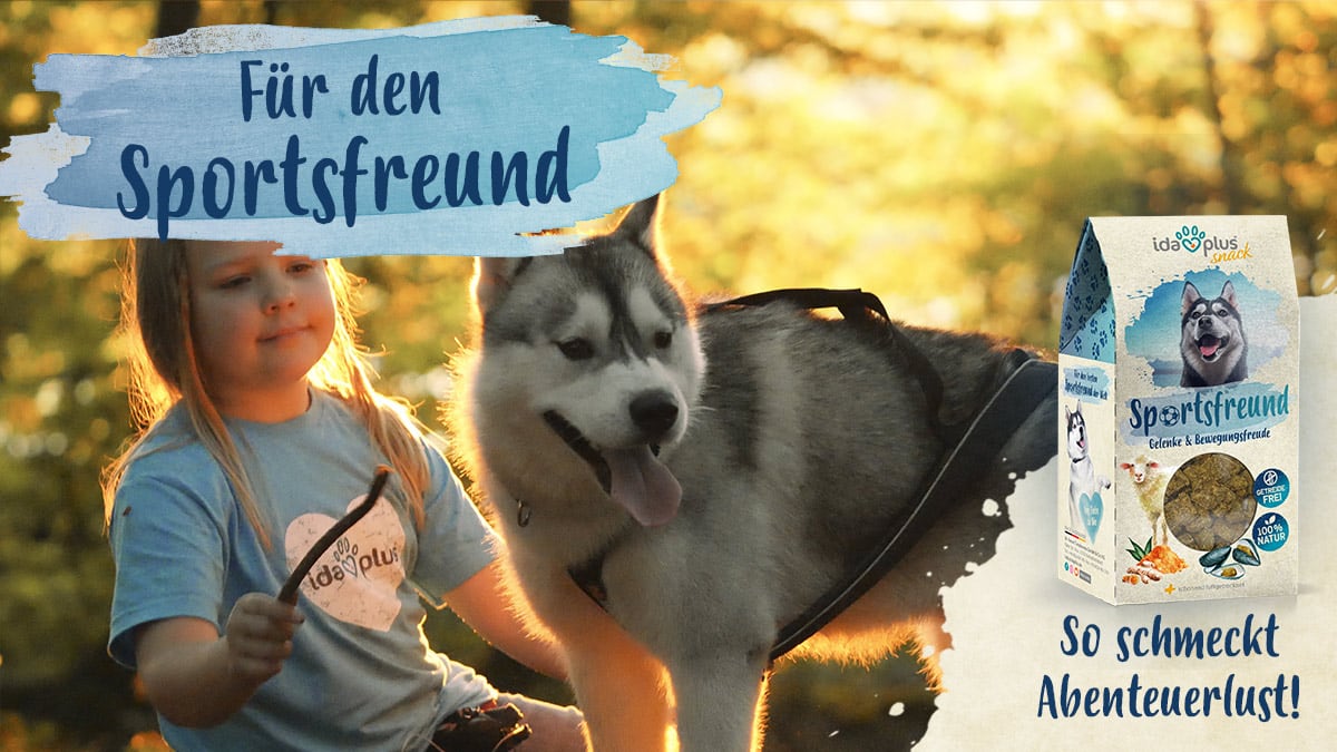 Für den Sportsfreund Ein Hund spielt mit einem kleinen Mädchen und einem Stock. Daneben ist der Schriftzug: 'Für den Sportsfreund' 'So schmeckt Abenteuerlust!'