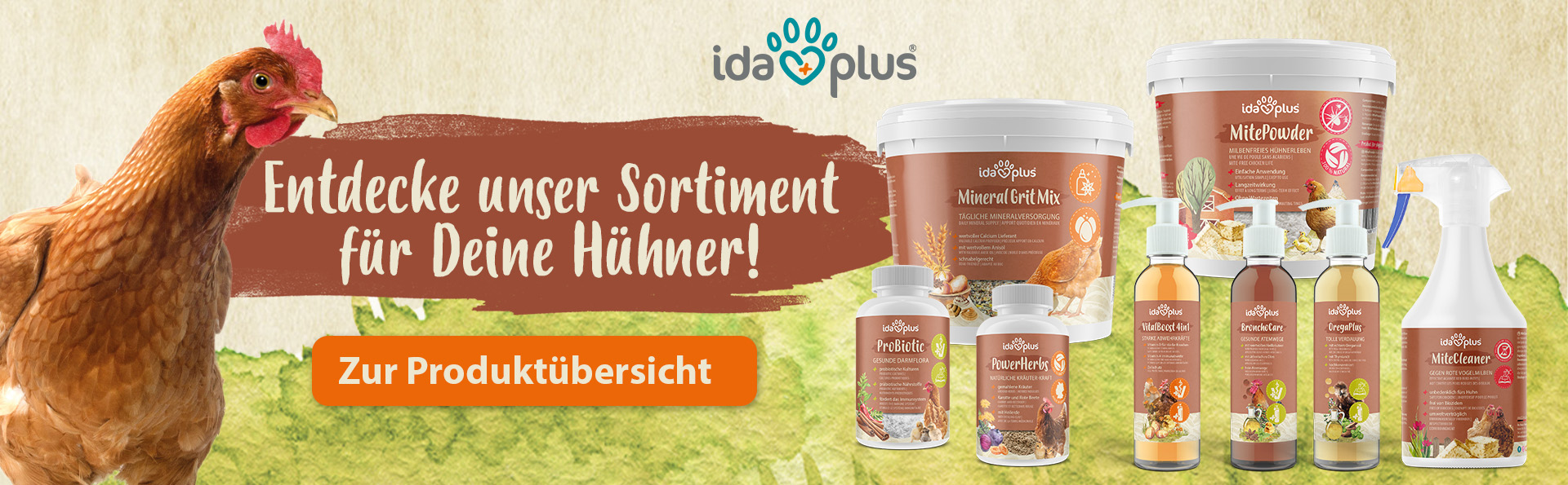 Entdecke unser Sortiment für Deine Hühner. Mit Klick auf das Bild gelangt man auf die Übersicht der Ida Plus Produkte