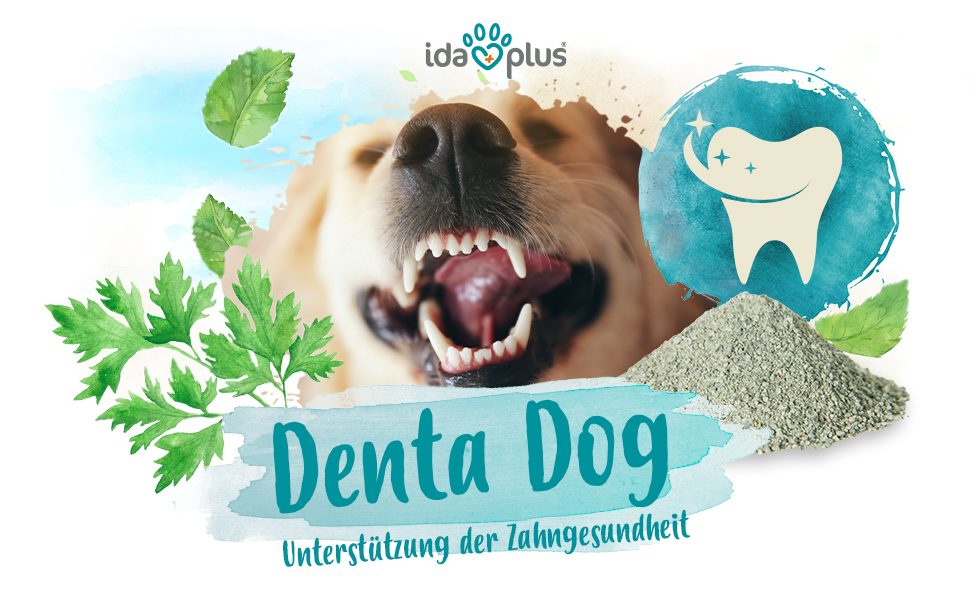 Denta Dog A+ Header Ein Hund zeigt seine Zähne. Darunter steht: 'Denta Dog' 'Unterstützung der Zahngesundheit'