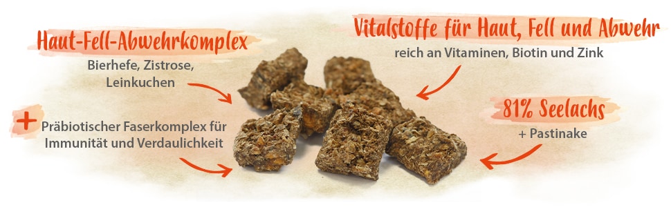 Herzensbrecher Eigenschaften Ein paar Stücke Herzensbrecher mit den Aufschriften: 'Vitalstoffe für Haut, Fell und Abwehr' 'Haut-Fell-Abwehrkomplex' '81% Seelachs' .